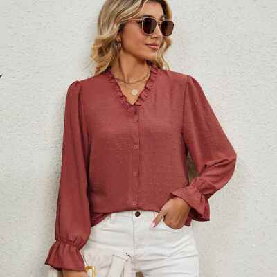 cut ruffled shirt V-neck color bottoming spinning solid
