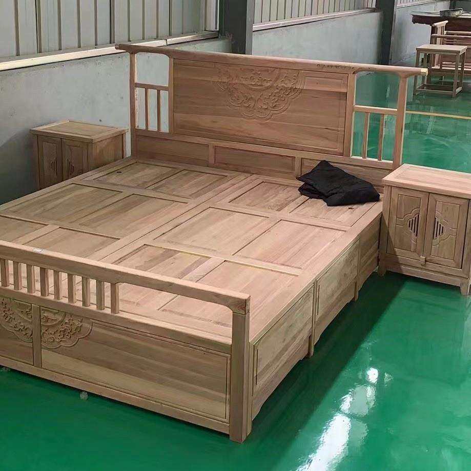 实卧木床北方榆木室中037双人床主卧仿古老新式储物白坯白胚箱床