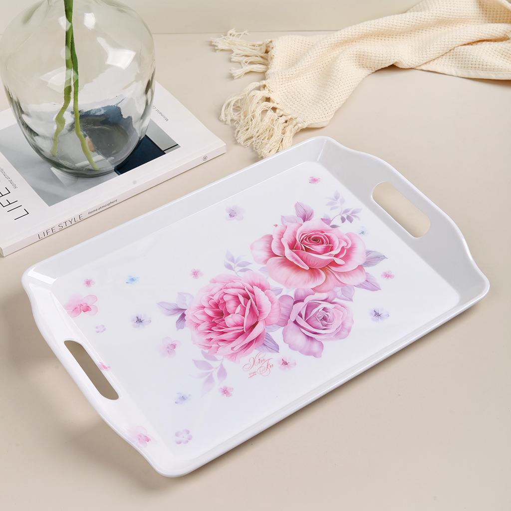 餐用服务托盘塑料家用客厅长方形密胺带手柄把手餐厅上餐上菜端盘