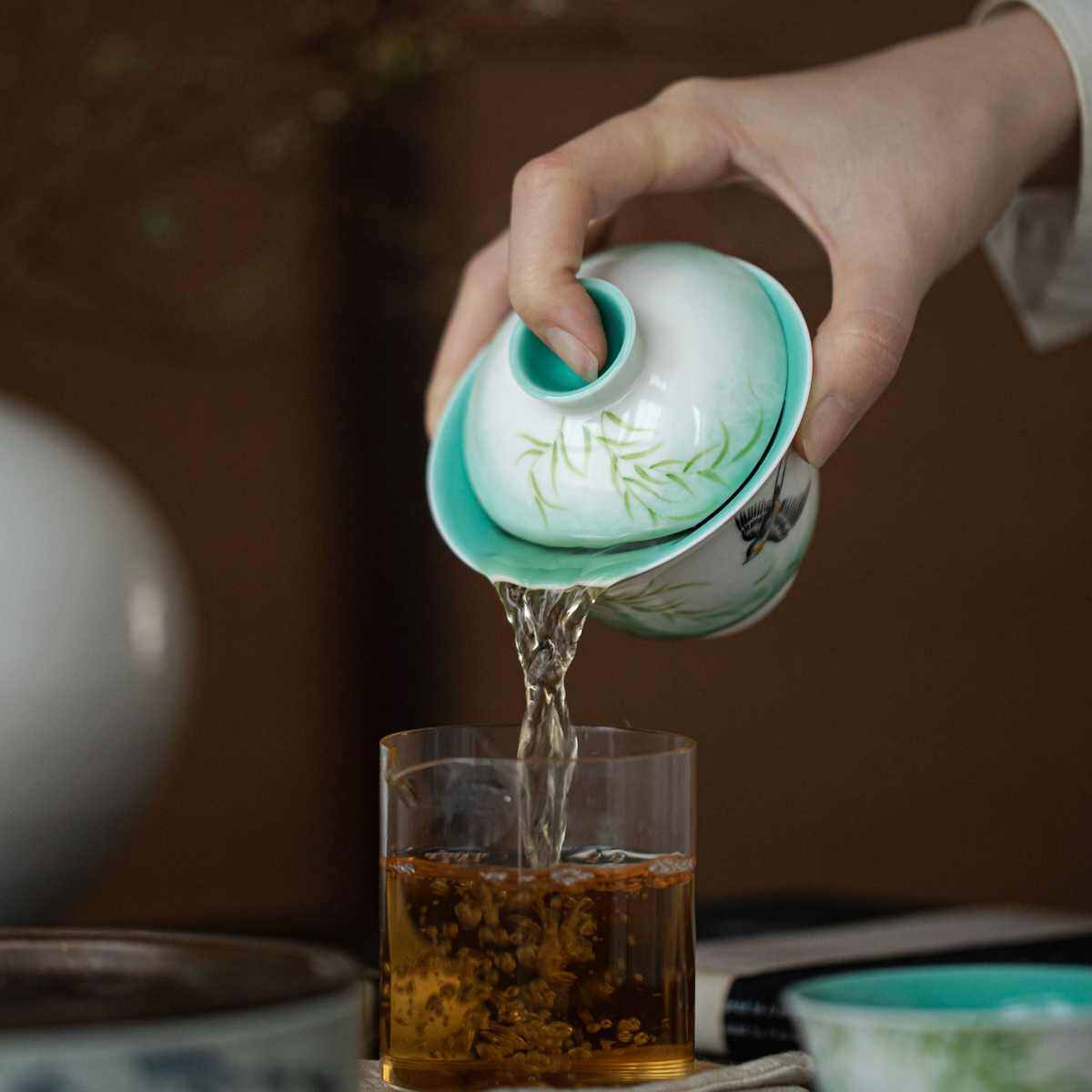 己碗功夫柳内玉石绿陶瓷盖碗松墨燕手绘清新茶具釉家用盖碗泡茶泥