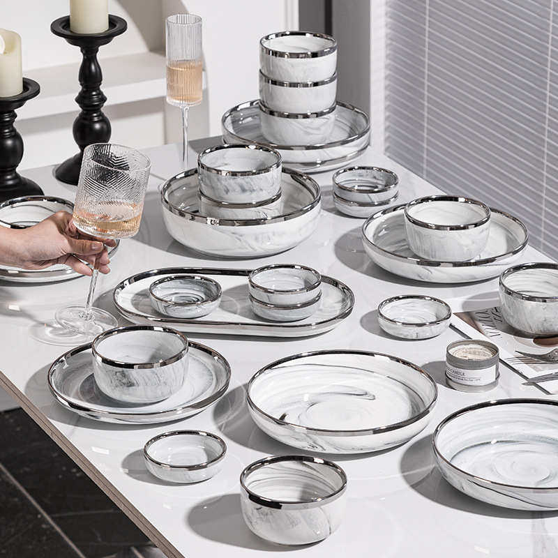 轻奢餐具套装高级感大理石陶瓷碗碟家用2025新款乔迁碗具碗盘高档