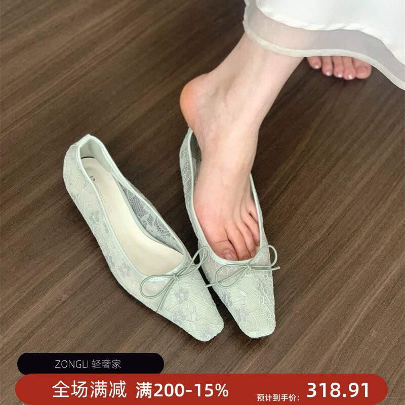 香港低跟温柔仙女风单鞋女春夏2026新款气质网纱透气蝴蝶结晚晚鞋