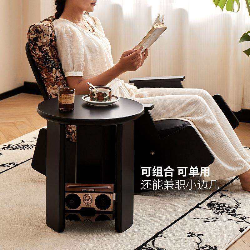 圆形客厅简约小户型茶几实木茶几极简边几落地小桌子家用复古组合