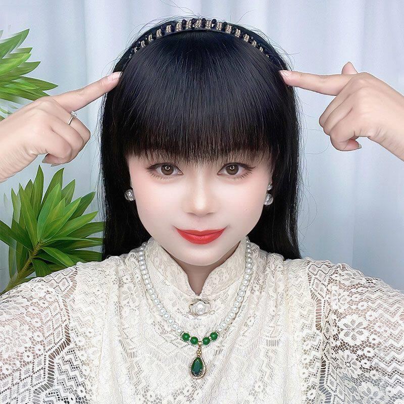 假发女片头顶水钻发箍浏海一体真发自然前额遮白发增发量头顶补发