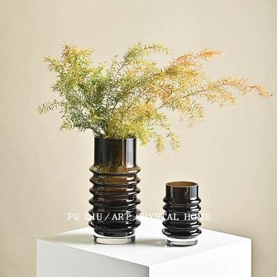 创意手工螺纹玻璃花瓶圆形直通简约鲜花器样板间客厅茶几摆件花瓶