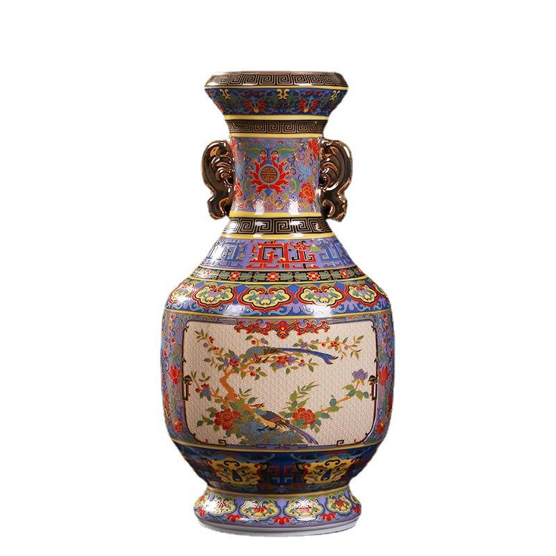 仿古中式瓷器珐琅彩开窗双耳花鸟赏瓶景德镇家居客厅陶瓷花瓶摆件