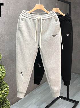 潮牌春秋款灰色刺绣束脚卫裤男士简约百搭运动裤子纯棉九分休闲裤