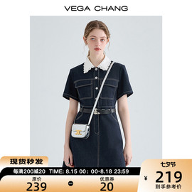 vegachang牛仔连衣裙夏季女2023年法式蕾丝娃娃，领衬衫裙子