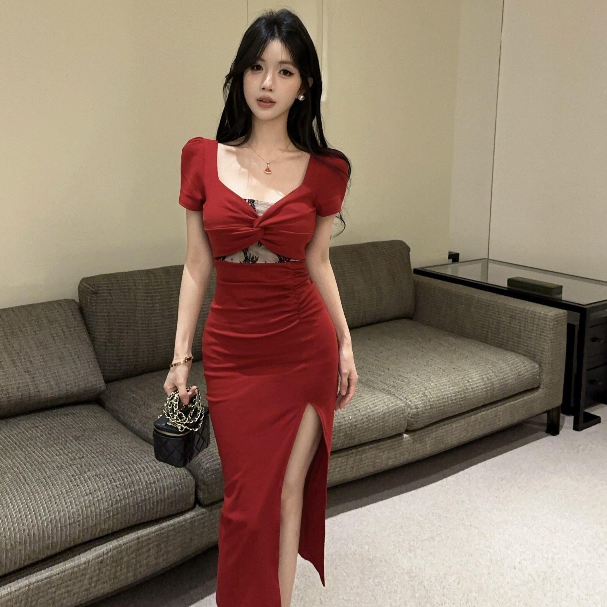 夜场气质性感辣妹领蕾丝镂空修身显瘦包臀开叉短袖连衣裙技师服