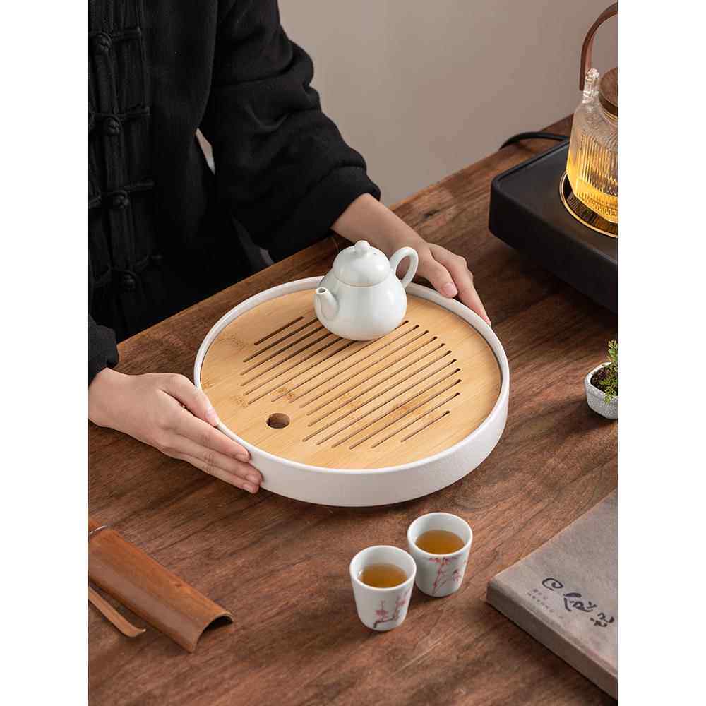 楠竹陶瓷干泡茶盘2023家用新款竹制小茶海简约圆形储水功夫茶台