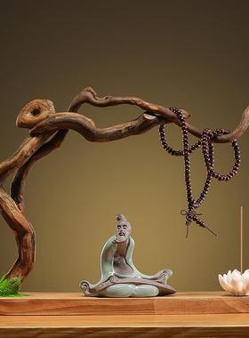 天然实木根雕摆件创意家居客厅装饰工艺品风化木树根禅意悟空底座