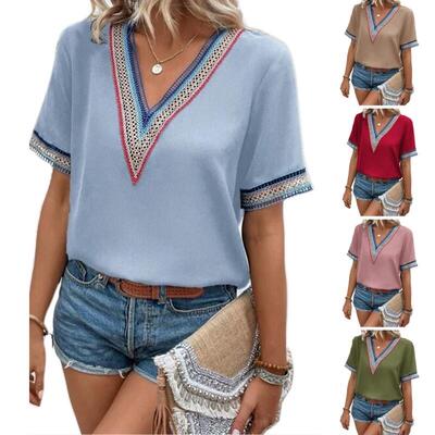 V-neck color matching lace short sleevesV领拼色花边短袖上衣