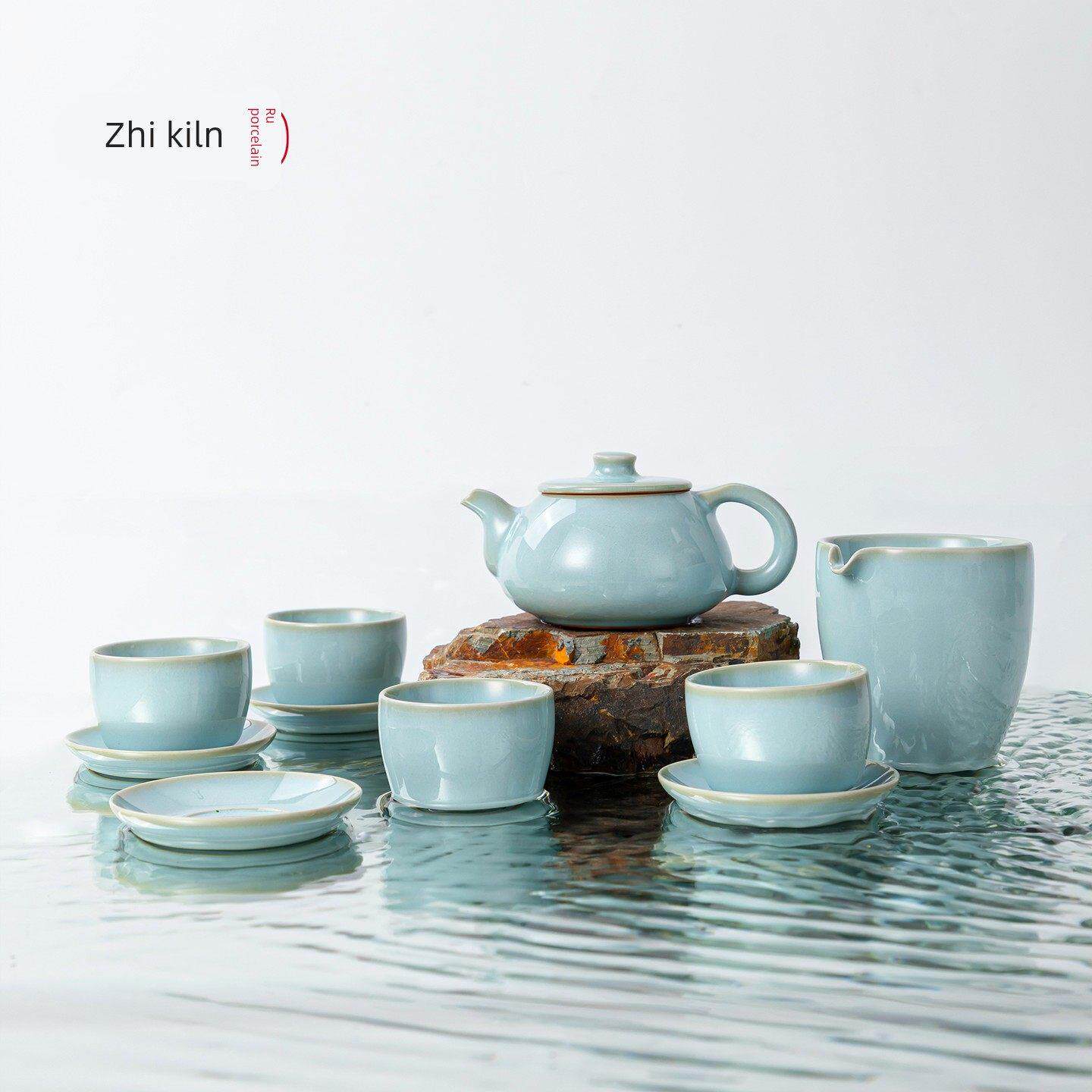 旨窑汝窑茶具套装河南非遗汝瓷天青色翠吟壶带公道杯六杯配茶碟