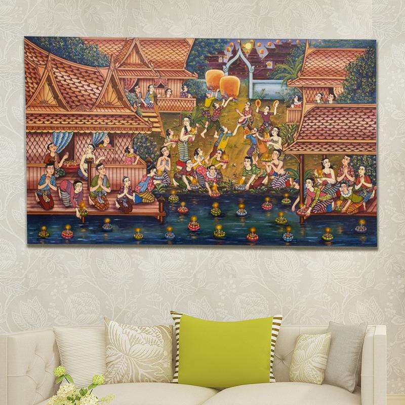 泰国手绘金箔画玄关客厅壁画装饰画餐厅过道走廊水灯节人物挂画