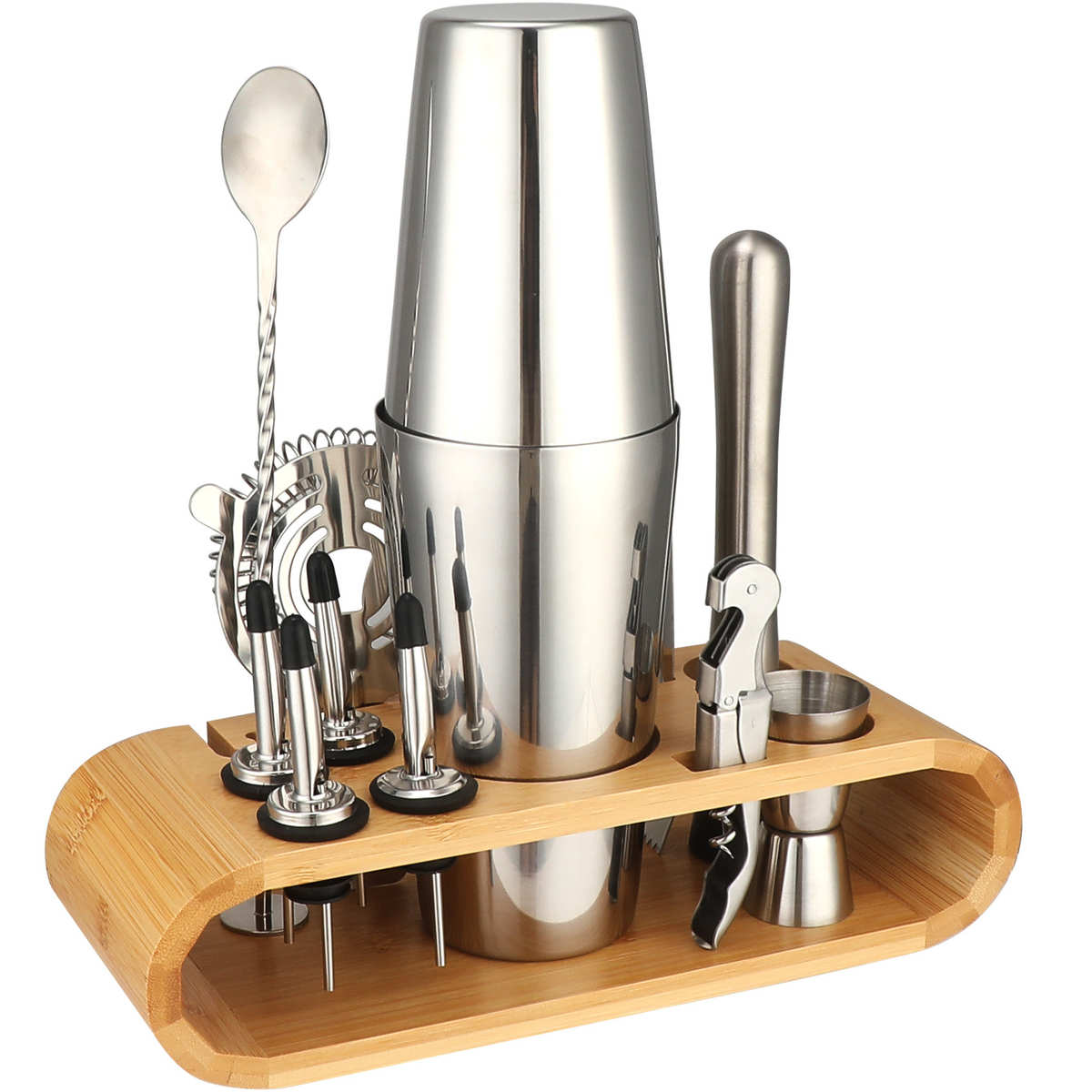 调酒器鸡尾酒摇壶调酒工具套装12件套不锈钢椭圆竹架酒嘴滤冰器