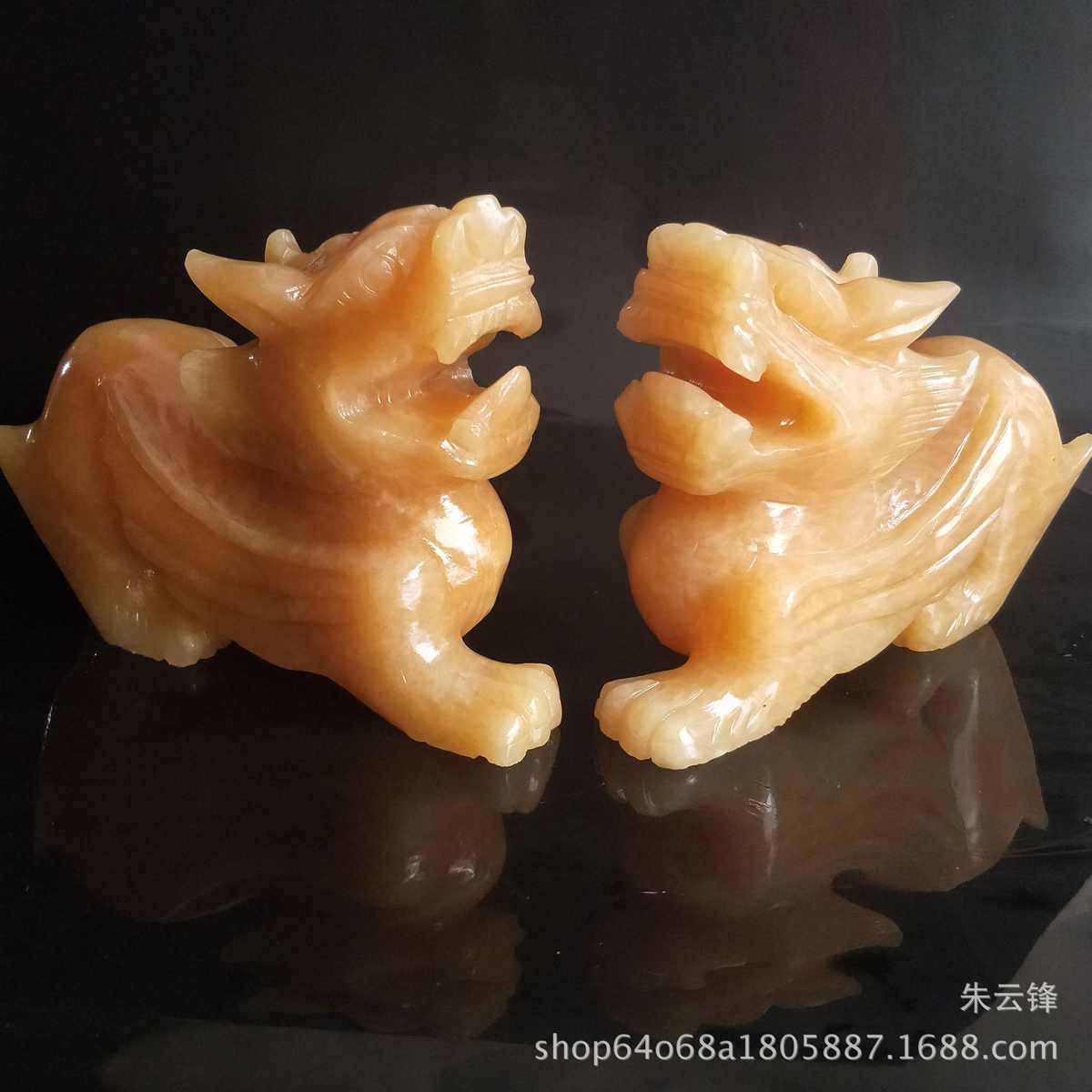 米黄玉貔貅玉石飞天貔貅摆件一对手工貔貅开业工艺礼品