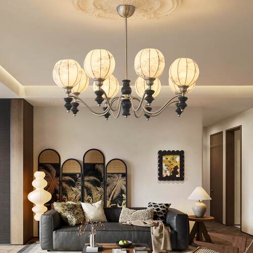 法式中古风客厅吊灯复古南洋风布艺餐厅灯高级感实木印花卧室吊灯