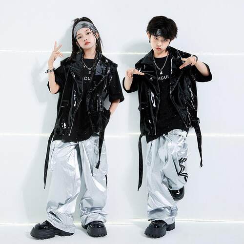 少儿hiphop街舞服机车朋克马甲皮衣亮面架子鼓演出服男童嘻哈走秀