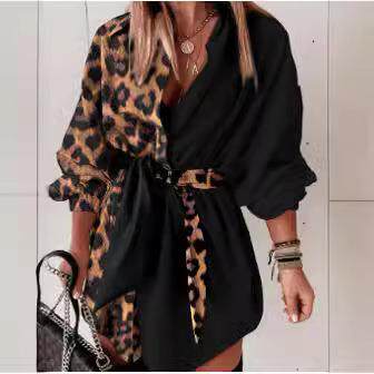 Women's Solid Color Leopard Print Asymmetrical Collar Shirt
