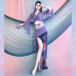 肚皮舞服装2024夏东方舞练功服装绑带紫蓝色印花裙舞蹈服套装