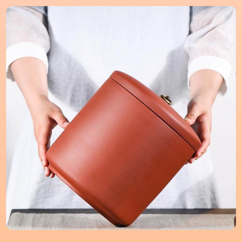 ◘宜兴原矿紫砂存茶罐七子饼茶叶罐醒茶罐大号密封手工茶缸米桶