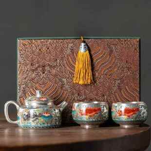 周鸿杰999鎏银青花鱼藻纹一壶二杯功夫茶具泡茶壶整套高档送礼盒