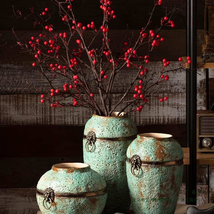 景德镇现代简约手工粗陶罐坛子花瓶插花干花做旧仿古花盆三件套