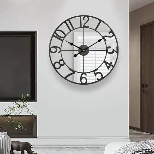 欧式简约客厅时钟铁艺时尚镜面墙体挂钟数字钟表镜子两用静音钟
