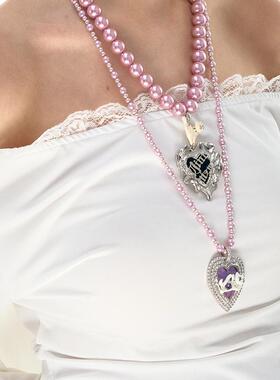 原创百搭猫咪珐瑯紫色珍珠项炼女轻奢小众长版毛衣炼