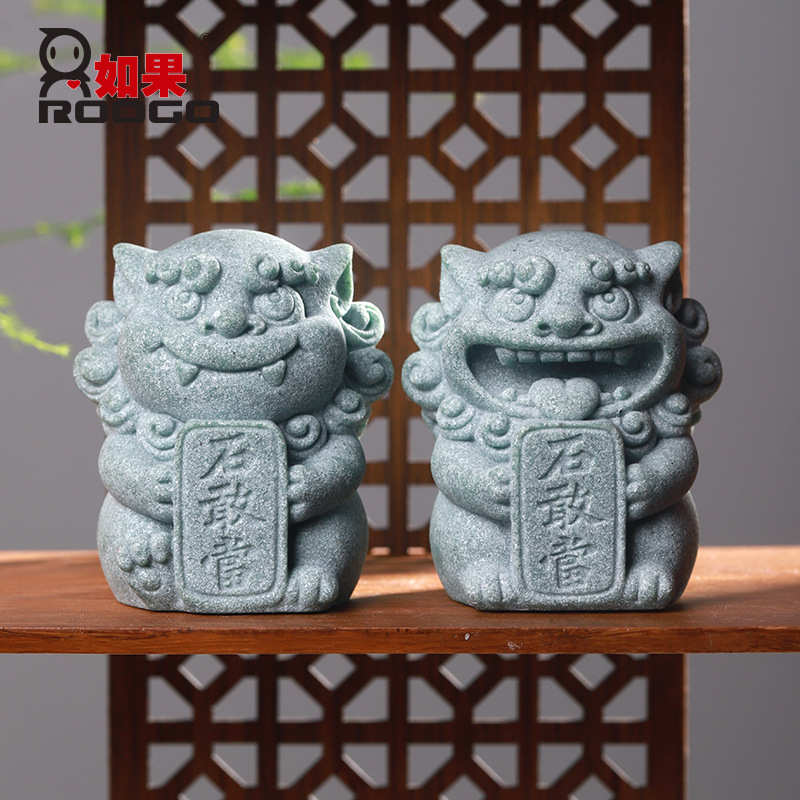 国潮欢喜石敢当桌面茶宠摆件可爱青砂石狮子吉祥物鱼缸造景装饰品