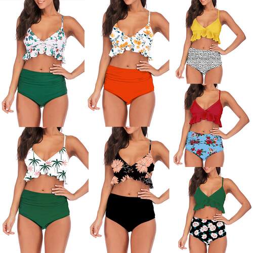 Swimsuit with ruffled edges, high waisted printed bikini,