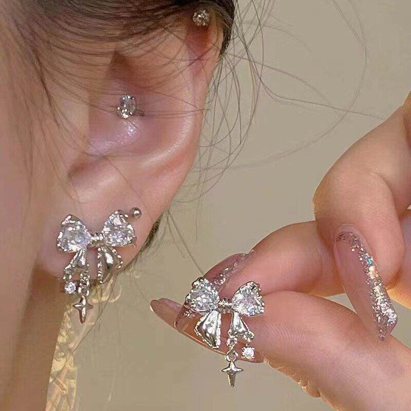 Bow stud earrings新款芒星锆石蝴蝶结耳钉轻奢高级感耳环耳饰女