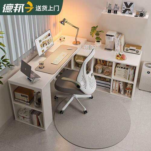 实木转角L型书桌学习桌卧室女生梳妆台书柜一体办公电脑桌学生桌