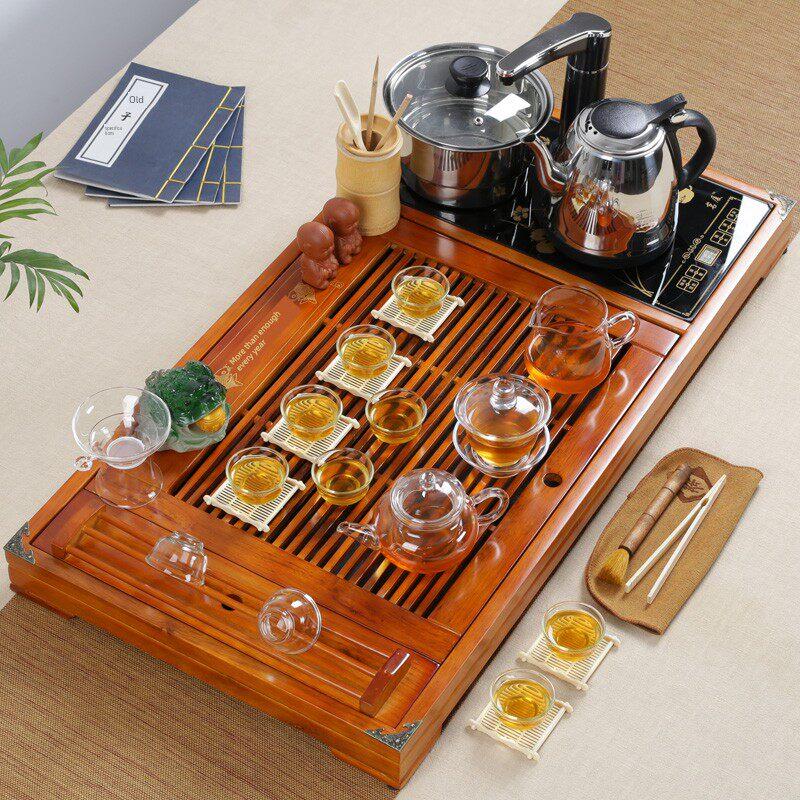 功夫茶具全套陶瓷玻璃家用简易实木茶盘茶海办公室全自动泡茶