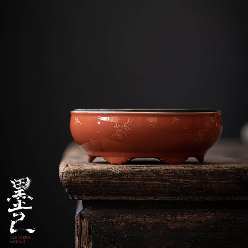 墨己 矾红仿古锡盖做旧壶承 文人干泡圆形陶瓷蓄水盘 茶道小茶盘