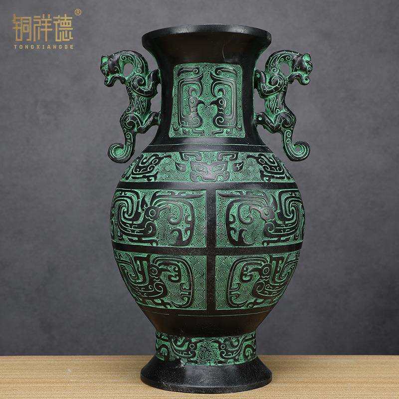 青铜花瓶摆件双龙双凤花瓶古玩龙瓶插花 圆瓶 客厅家居装饰工艺品