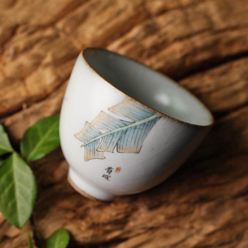 景德镇手绘古朴芭蕉叶蝉翼纹汝窑开片粗陶功夫茶具茶杯主人品茗杯