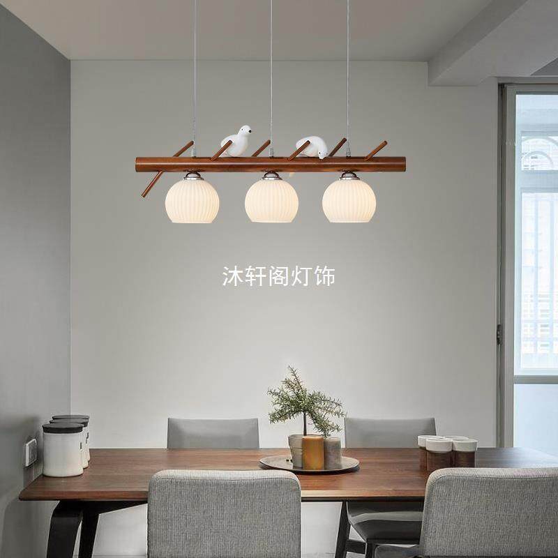 新中式胡桃色餐厅灯吊灯三头长条实吧饭厅台餐灯木书房茶室复古小