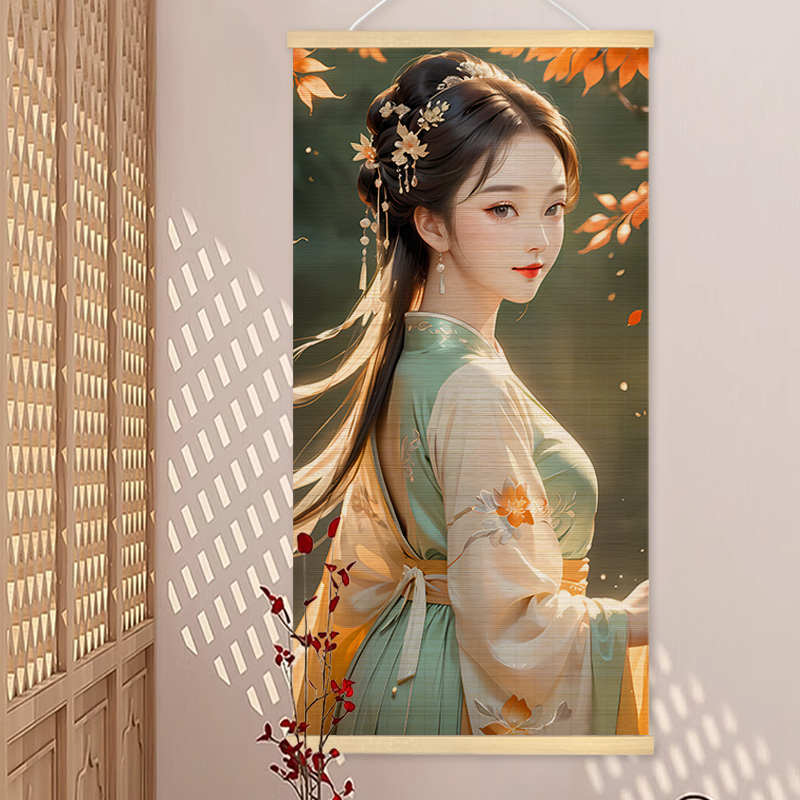 中式竹帘卷轴挂画民宿茶室背景墙国潮装饰画餐厅玄关客厅竹片挂画