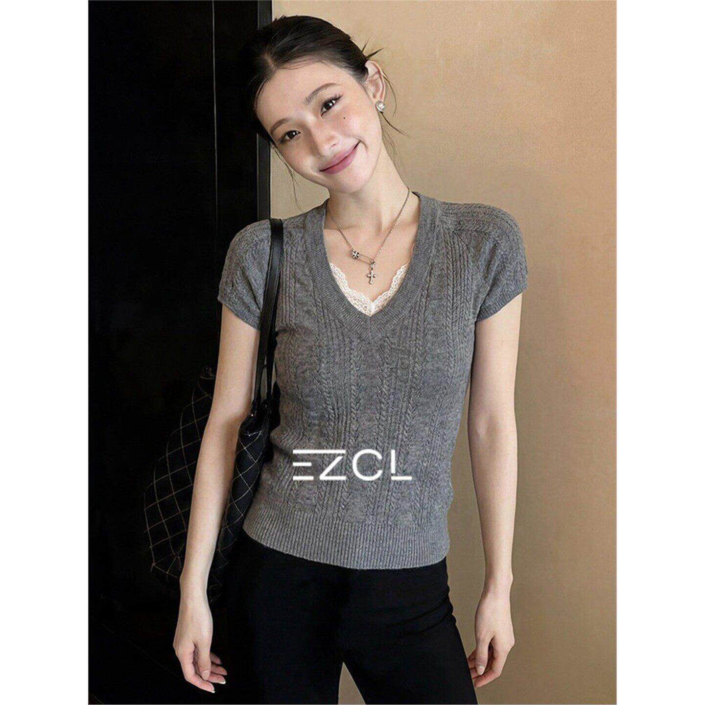 EZCL 法式灰色蕾丝V领针织短袖T恤女夏季设计感小众修身正肩上衣
