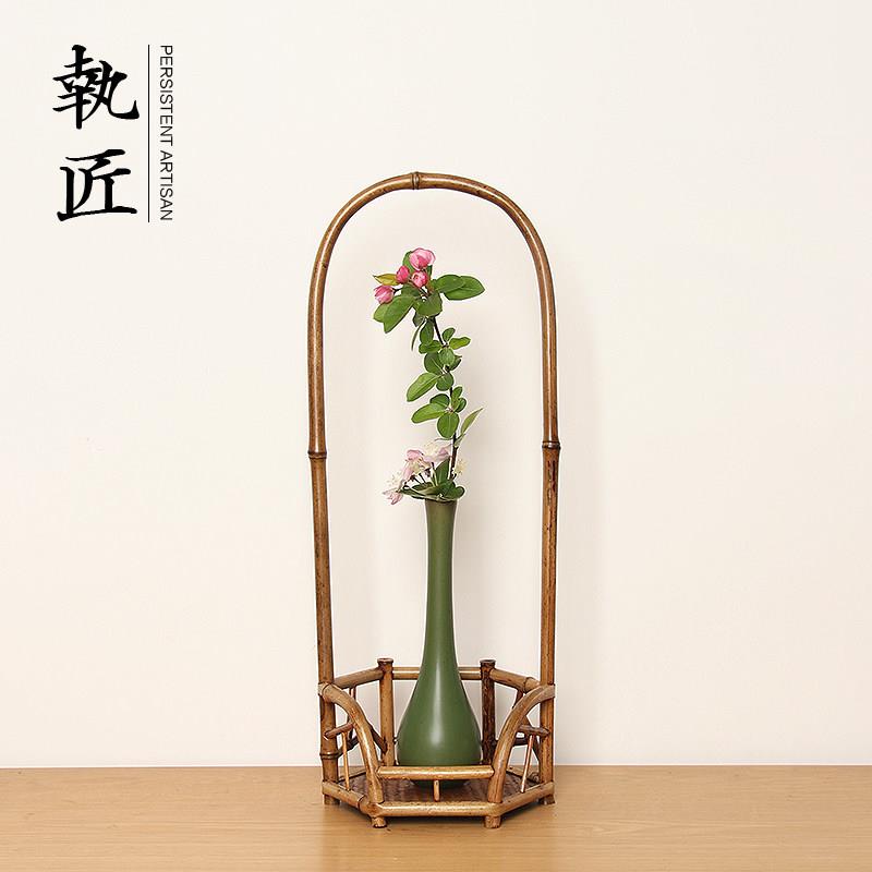 中式茶室装饰摆件手工竹制茶台玄关桌面饰品花瓶插花陶瓷瓶凉炉架