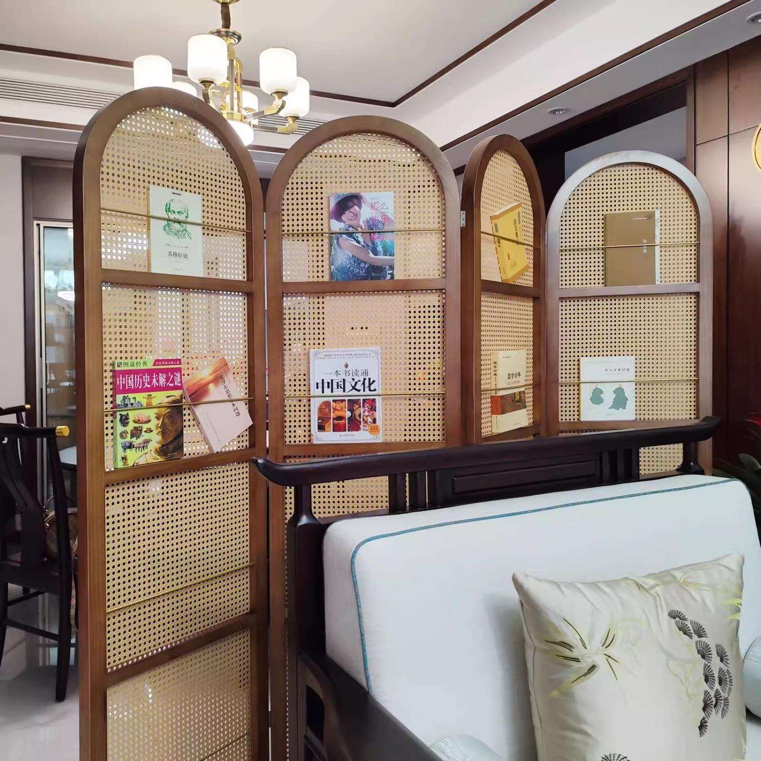 北欧日式藤编屏风隔断客厅实木家用入户进门酒店民宿书架玄关移动