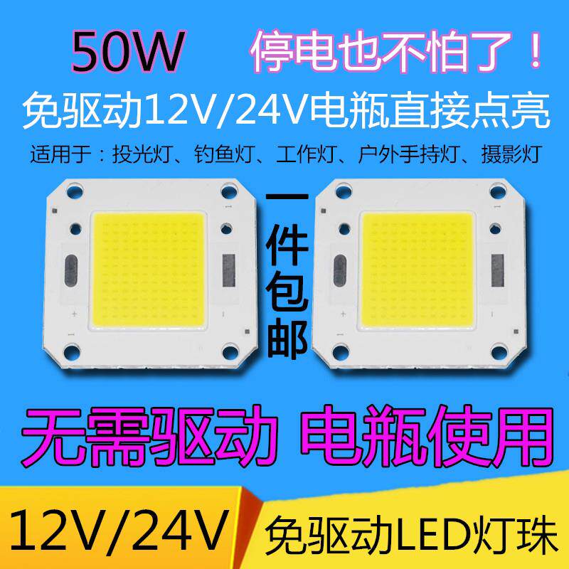 免驱动12vLED灯珠灯芯超亮50w100瓦24V直流LED灯片12伏电瓶鱼灯片