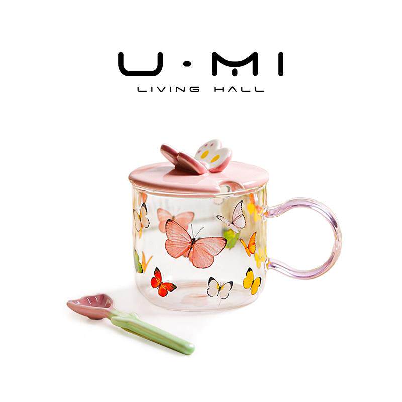 U Mi LIVING · 粉蝶 | 杯具玻璃杯可爱少女心早餐杯耐高温带盖子