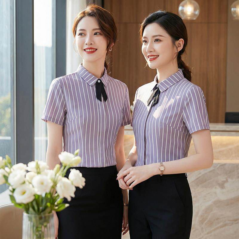 短袖条纹衬衫女职业夏季酒店前台服务员餐饮饭店收银工装衬衣套装