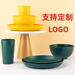可印字塑料碗碟盘杯光面竖纹组合亚马逊直供 跨境24PCS餐具套装