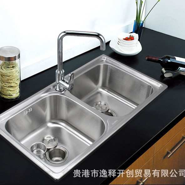 厨卫水槽双槽不锈钢内外拉丝平边 盆胆一样大 双大槽深菜盆77x42