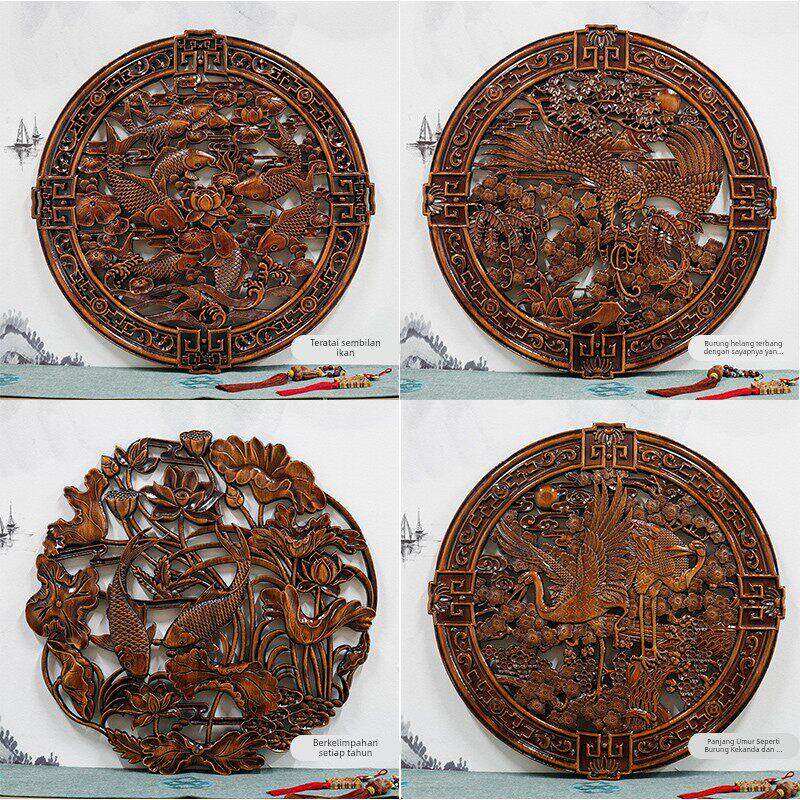 东阳木雕挂件香樟木头雕刻圆形装饰品中式客厅壁挂玄关麒麟装饰画