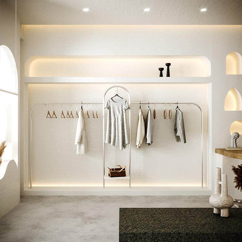 服装店展示架不锈钢拉丝上墙架男女装店挂衣杆货架陈列正挂带隔板