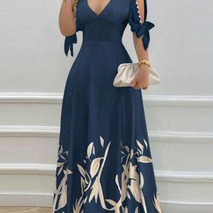 printed collar waist dress and Women